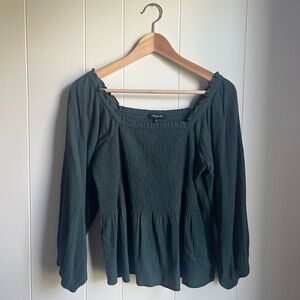 Madewell Dark Green Smocked Blouse